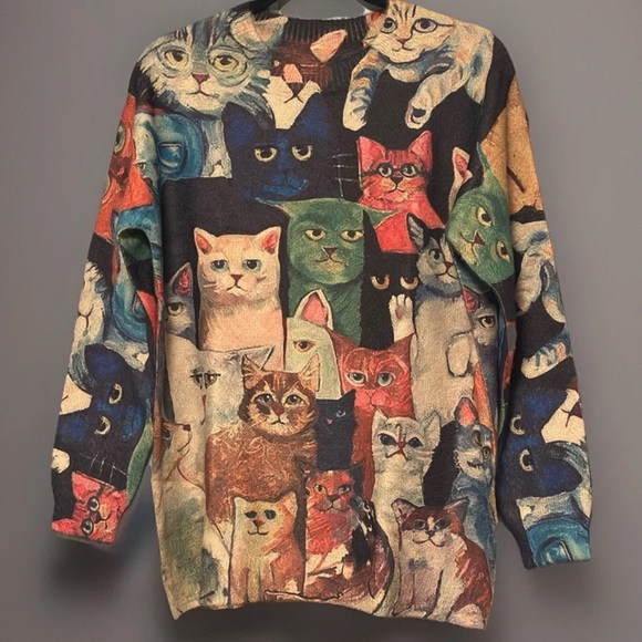 Cats All Over Print Tunic Sweater Sz S NEW Cotton Wool Oversized Pullover Retro - Picture 1 of 4